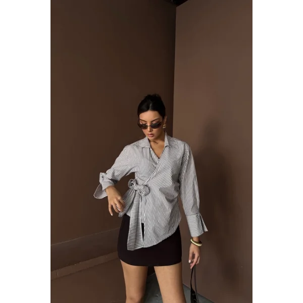 ÇİZGİLİ POPLİN KRUVAZE BAĞLAMALI GÖMLEK - Kahverengi