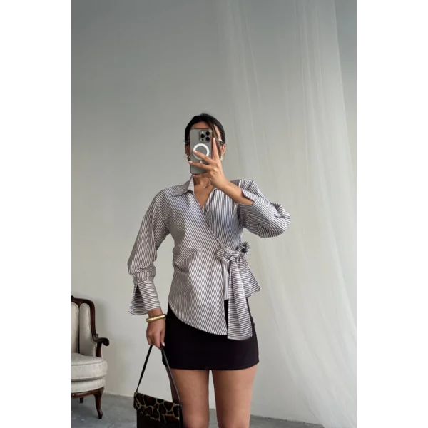 ÇİZGİLİ POPLİN KRUVAZE BAĞLAMALI GÖMLEK - Kahverengi