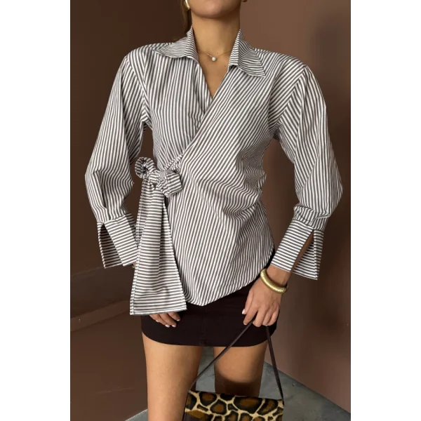 ÇİZGİLİ POPLİN KRUVAZE BAĞLAMALI GÖMLEK - Kahverengi