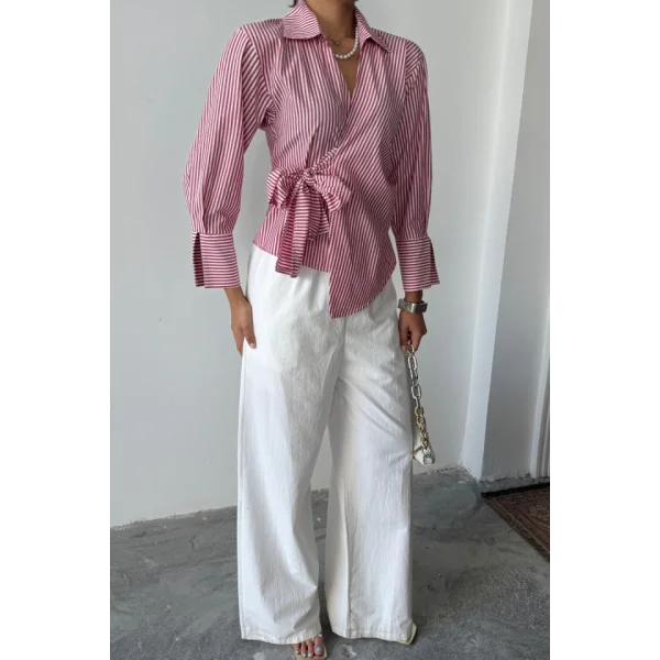 ÇİZGİLİ POPLİN KRUVAZE BAĞLAMALI GÖMLEK - Kırmızı