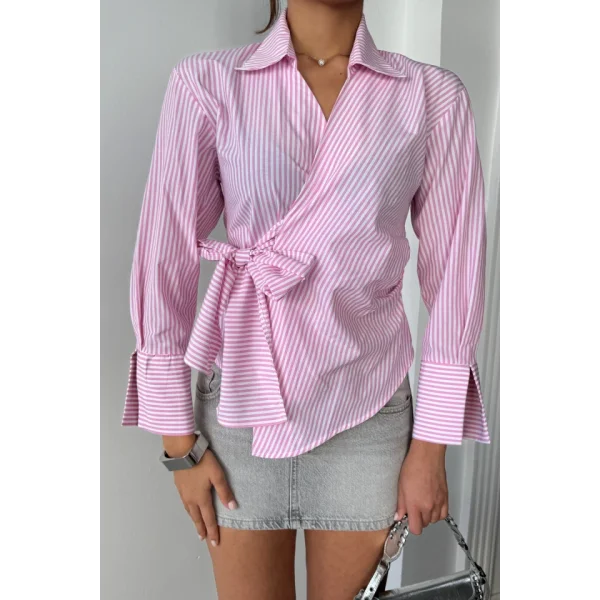 ÇİZGİLİ POPLİN KRUVAZE BAĞLAMALI GÖMLEK - Pembe