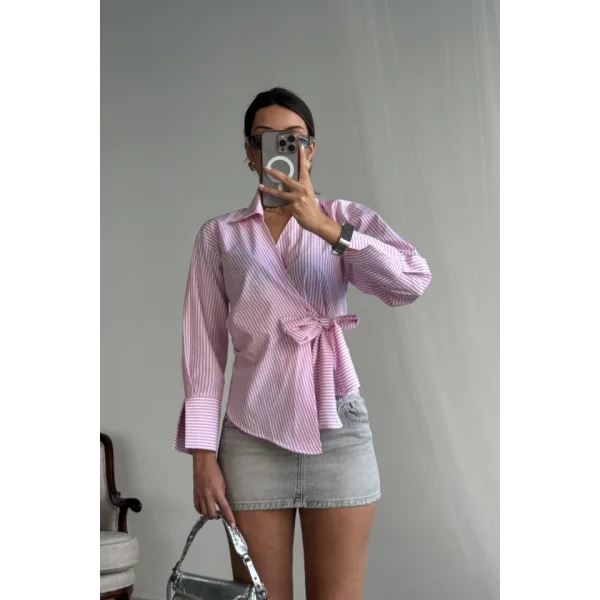 ÇİZGİLİ POPLİN KRUVAZE BAĞLAMALI GÖMLEK - Pembe