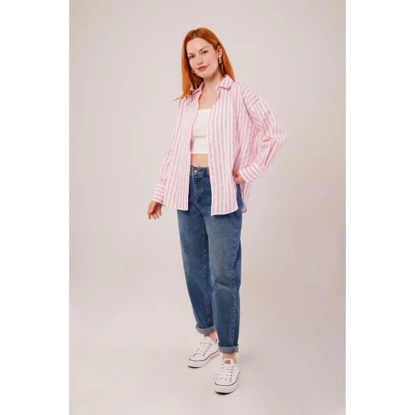Çizgili Rahat Kesim Pembe Gömlek