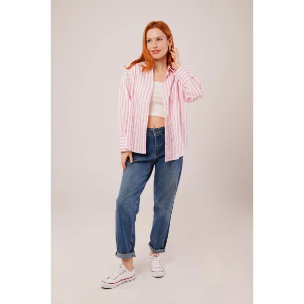 Çizgili Rahat Kesim Pembe Gömlek