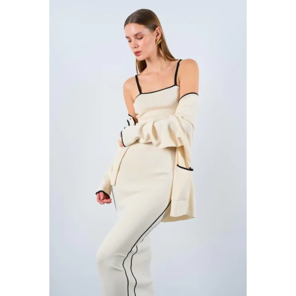 Çizgili Süzeneli 3 Lü Takım  KremSiyah