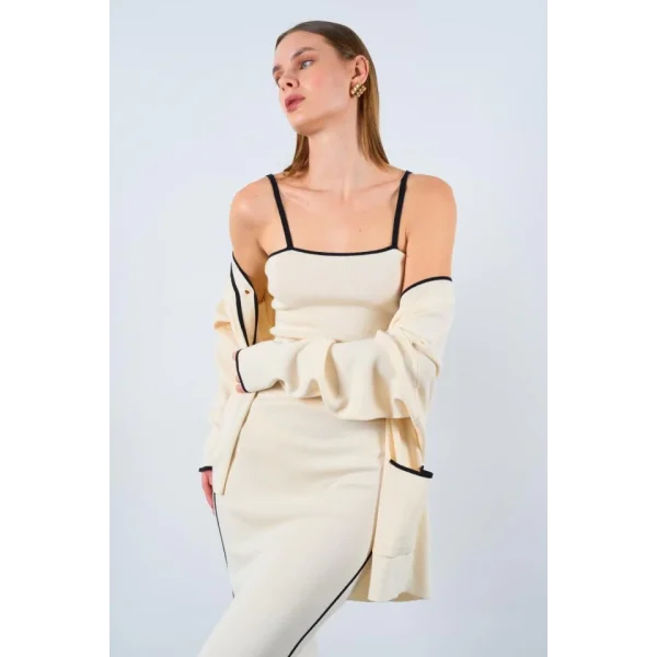 Çizgili Süzeneli 3 Lü Takım  KremSiyah