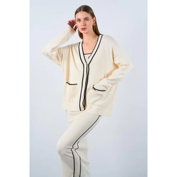 Çizgili Süzeneli 3 Lü Takım  KremSiyah