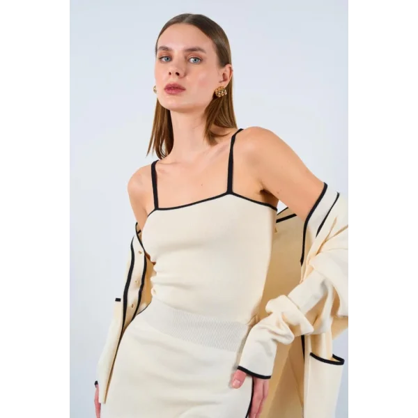 Çizgili Süzeneli 3 Lü Takım  KremSiyah