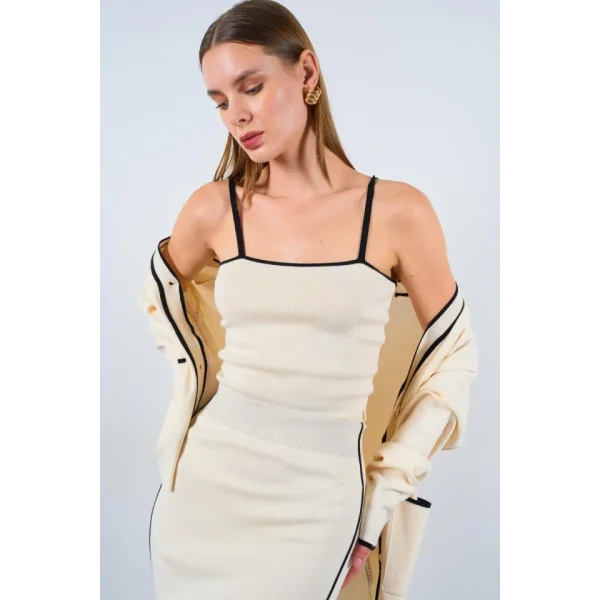 Çizgili Süzeneli 3 Lü Takım  KremSiyah