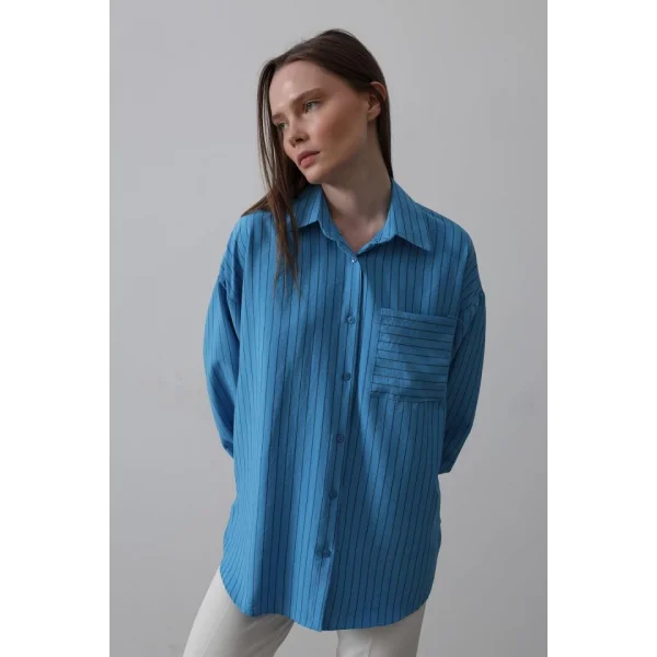 Çizgili Tek Cep Gömlek - Mavi