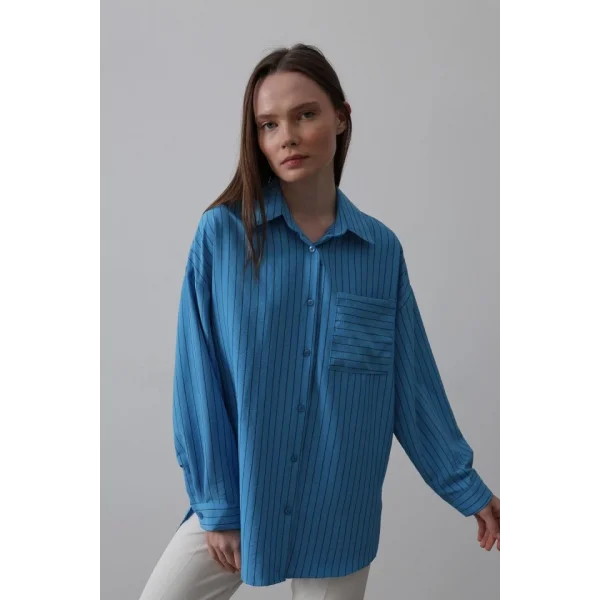 Çizgili Tek Cep Gömlek - Mavi