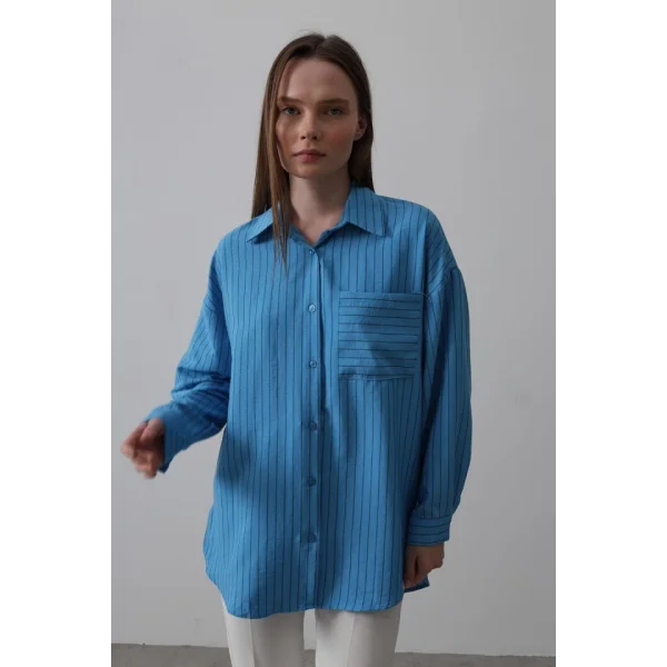 Çizgili Tek Cep Gömlek - Mavi