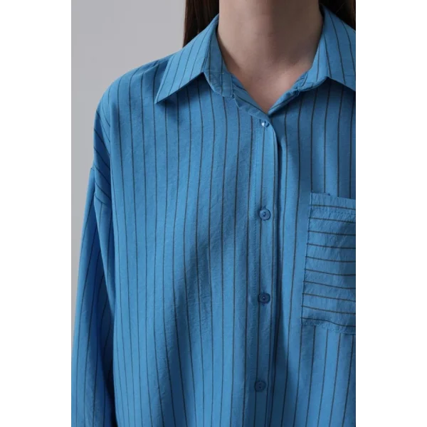 Çizgili Tek Cep Gömlek - Mavi