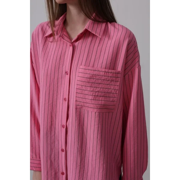 Çizgili Tek Cep Gömlek - Pembe