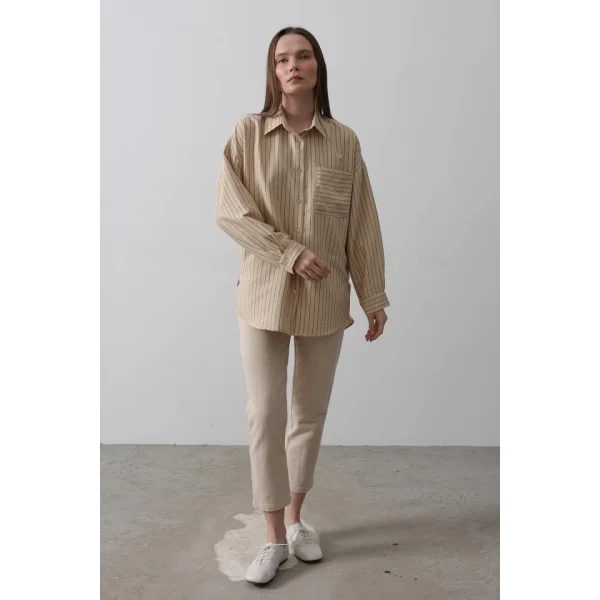 Çizgili Tek Cep Gömlek - Taş