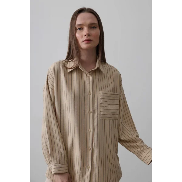 Çizgili Tek Cep Gömlek - Taş