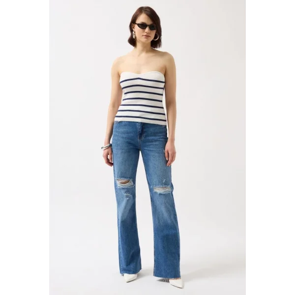 Çizgili traplez Dokulu Bluz