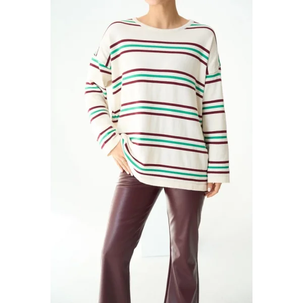 Çizgili Triko Kazak  EkruBordo