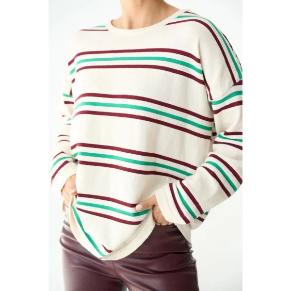 Çizgili Triko Kazak  EkruBordo