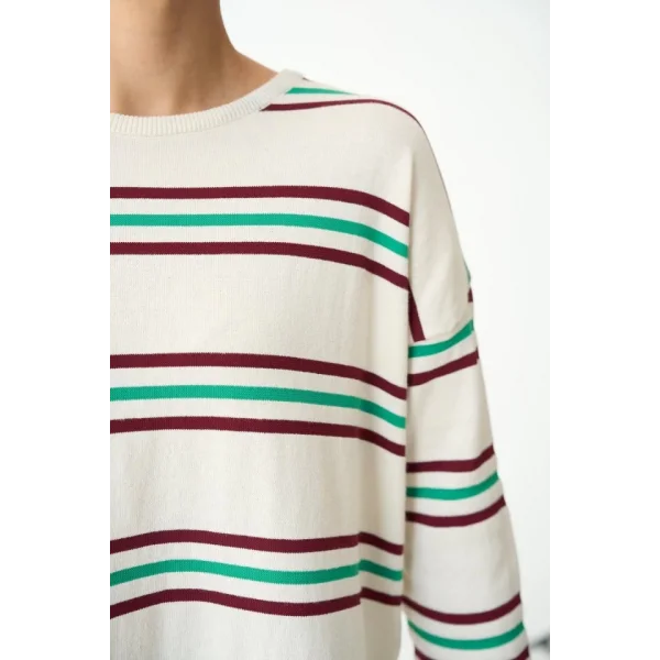 Çizgili Triko Kazak  EkruBordo