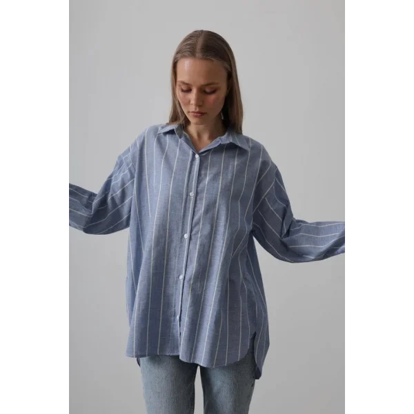 Çizgili Tunik Gömlek - Mavi Desen 1