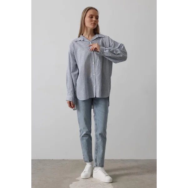 Çizgili Tunik Gömlek - Mavi Desen 4