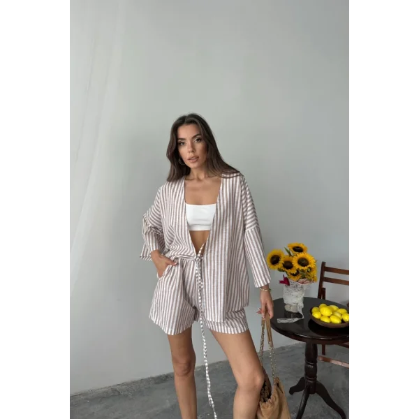 ÇİZGİLİ TUNİK -  ŞORT TAKIM - Bej