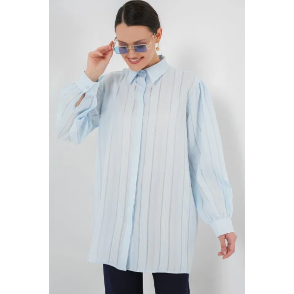 Çizgili Uzun Gömlek Tunik 5947 - Mavi