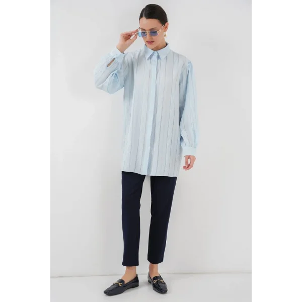 Çizgili Uzun Gömlek Tunik 5947 - Mavi