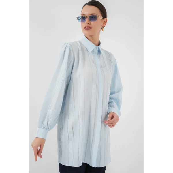 Çizgili Uzun Gömlek Tunik 5947 - Mavi