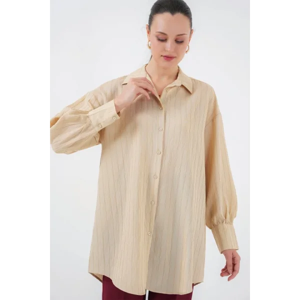 Çizgili Uzun Gömlek Tunik 5963 - Bej