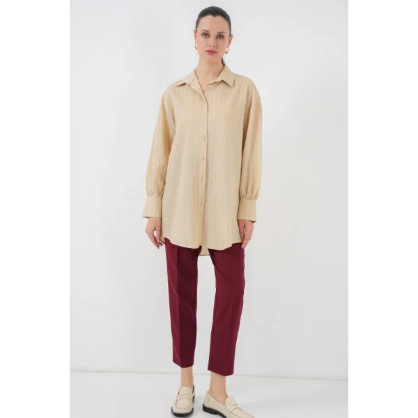 Çizgili Uzun Gömlek Tunik 5963 - Bej
