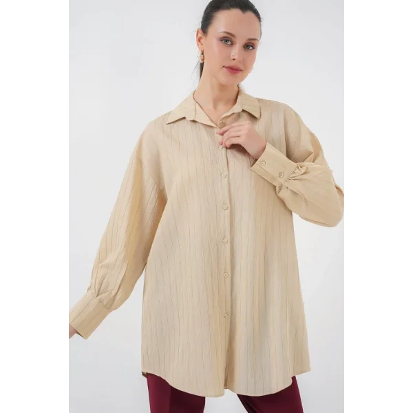 Çizgili Uzun Gömlek Tunik 5963 - Bej