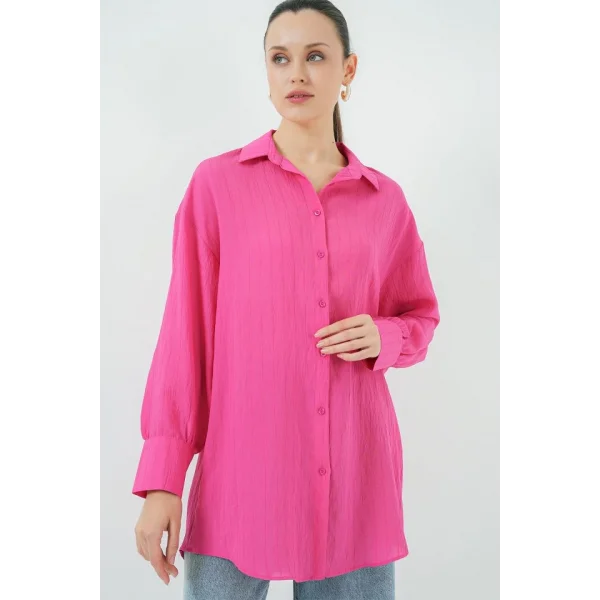 Çizgili Uzun Gömlek Tunik 5963 - Fuşya