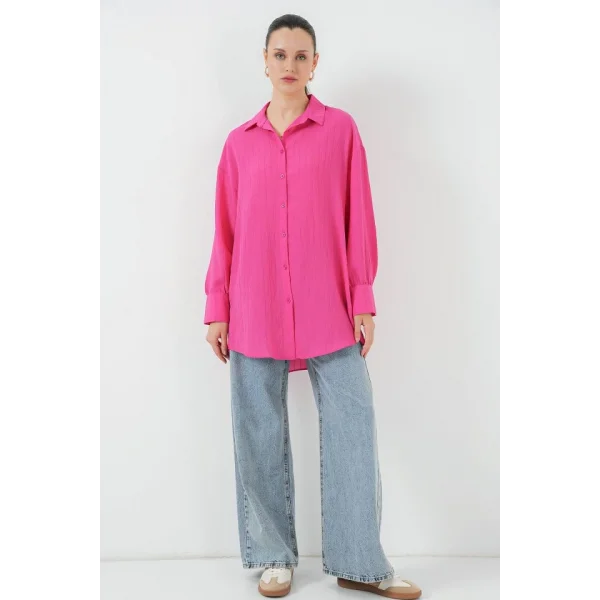 Çizgili Uzun Gömlek Tunik 5963 - Fuşya