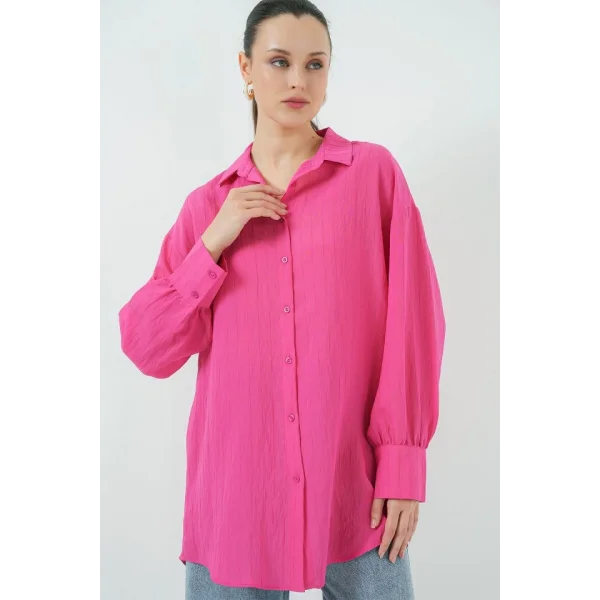 Çizgili Uzun Gömlek Tunik 5963 - Fuşya