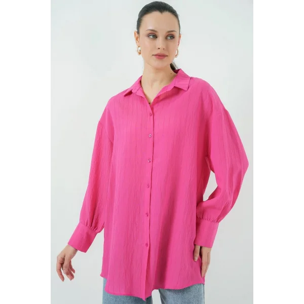 Çizgili Uzun Gömlek Tunik 5963 - Fuşya