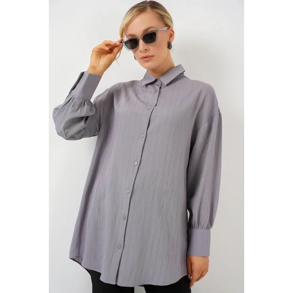 Çizgili Uzun Gömlek Tunik 5963 - Gri