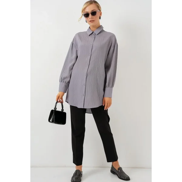 Çizgili Uzun Gömlek Tunik 5963 - Gri