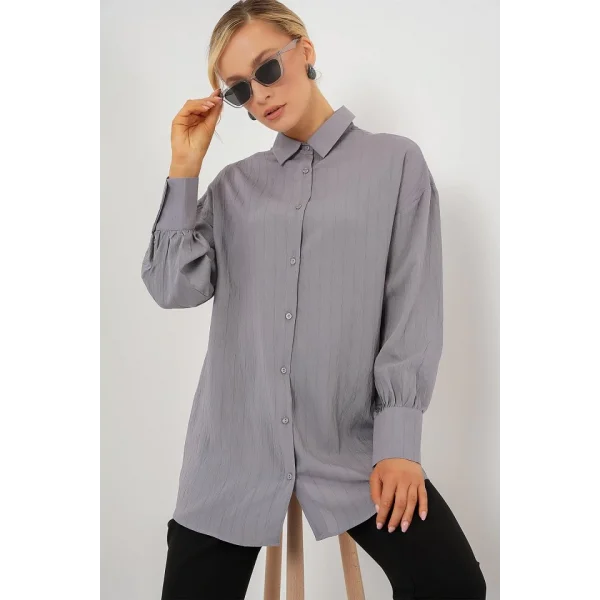 Çizgili Uzun Gömlek Tunik 5963 - Gri