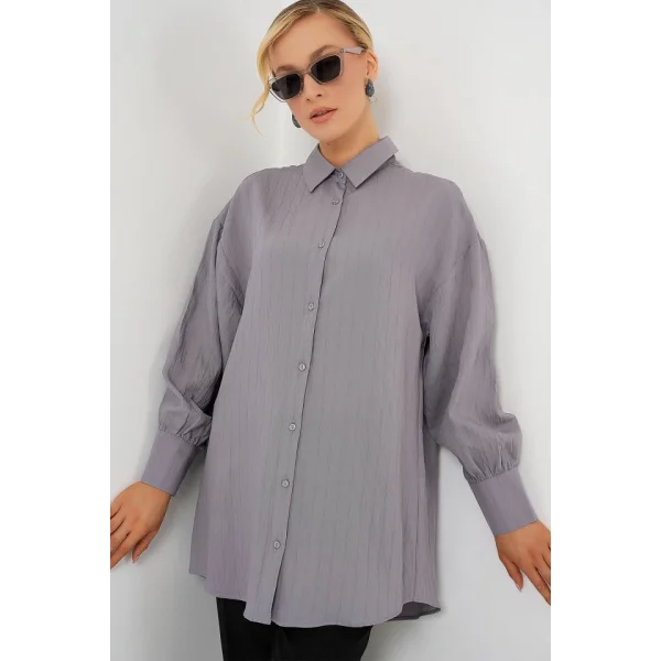 Çizgili Uzun Gömlek Tunik 5963 - Gri