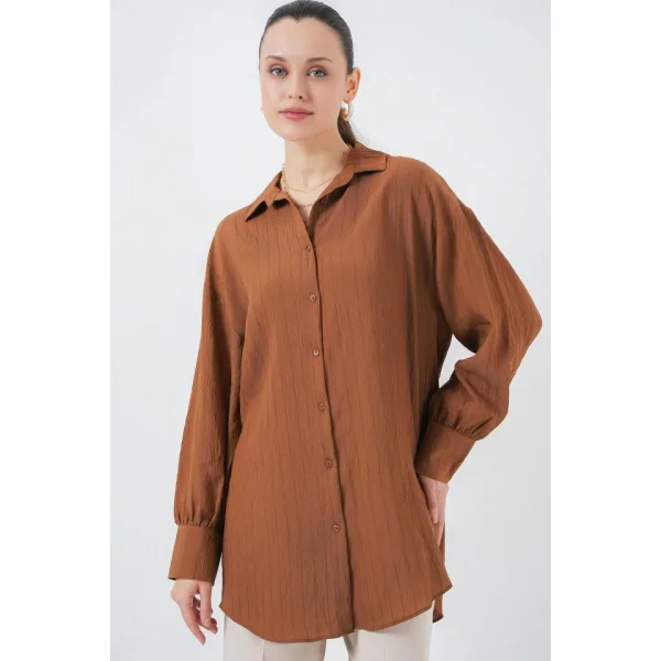 Çizgili Uzun Gömlek Tunik 5963 - Kahverengi