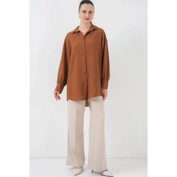 Çizgili Uzun Gömlek Tunik 5963 - Kahverengi