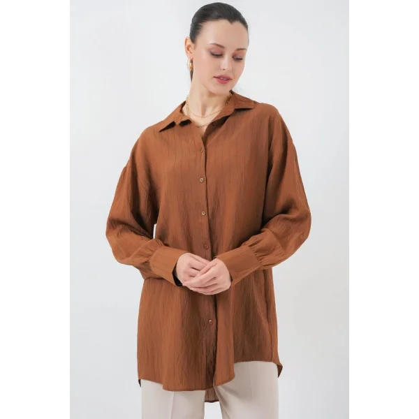 Çizgili Uzun Gömlek Tunik 5963 - Kahverengi