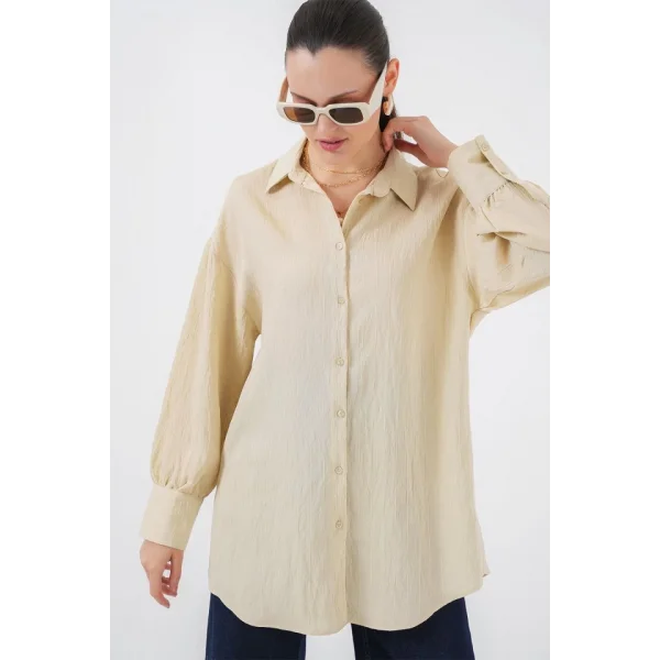 Çizgili Uzun Gömlek Tunik 5963 - Krem