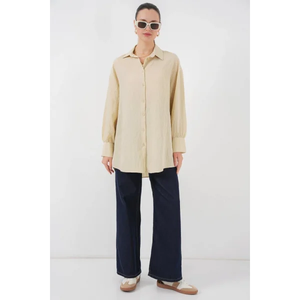 Çizgili Uzun Gömlek Tunik 5963 - Krem
