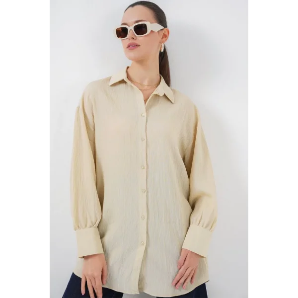 Çizgili Uzun Gömlek Tunik 5963 - Krem