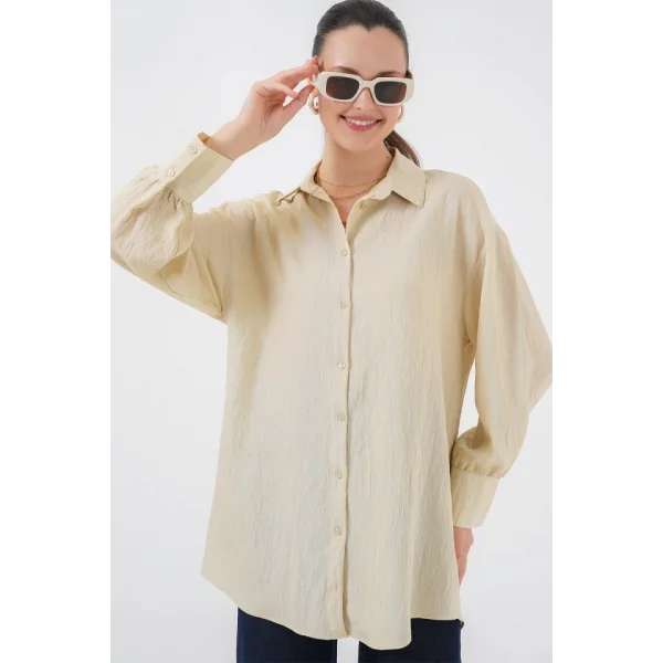 Çizgili Uzun Gömlek Tunik 5963 - Krem