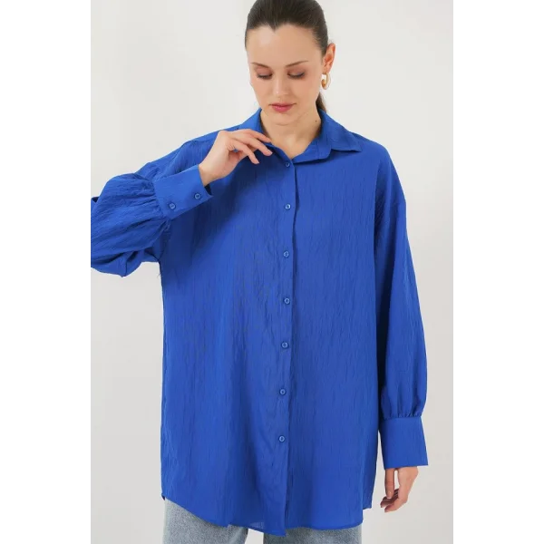 Çizgili Uzun Gömlek Tunik 5963 - Saks