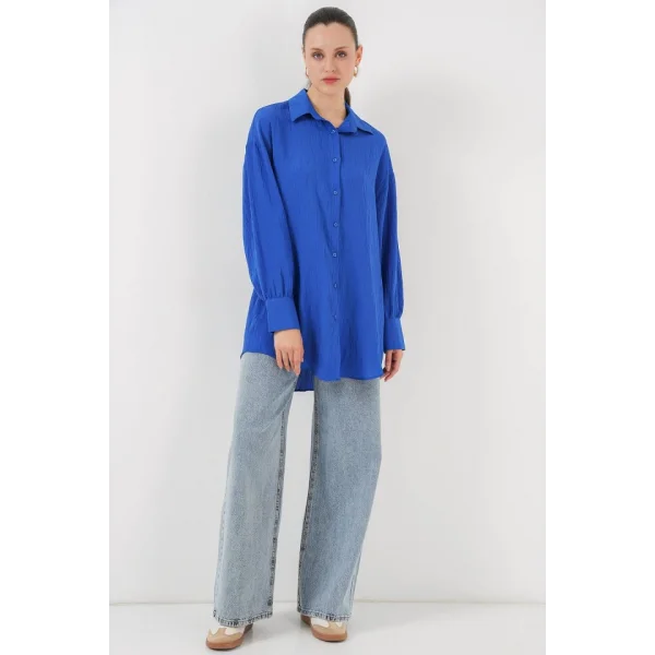 Çizgili Uzun Gömlek Tunik 5963 - Saks